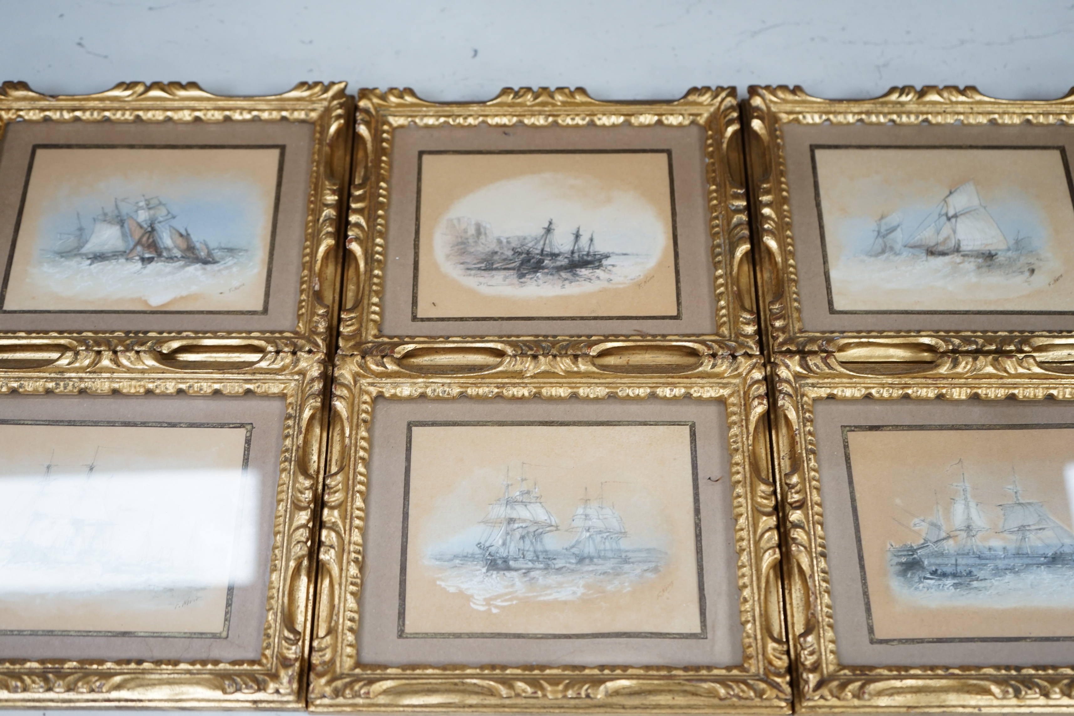 Frank V. Norie (19th century), set of eight heightened pastel and mixed media sketches, Maritime scenes, each signed, 9 x 11.5cm, ornate gilt framed. Condition - fair